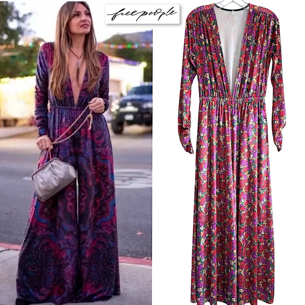 Free People Giselle Velvet Billowy Wide Leg Jumpsuit Deep V Neck Floral Print S - Picture 1 of 16